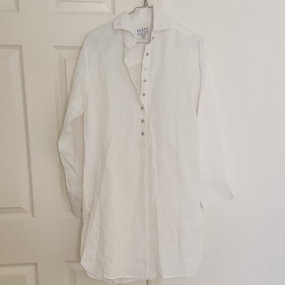 Flats By Jan Niemi White Linen Cheer Long Sleeved T Shirt Dress Cover Up Small
